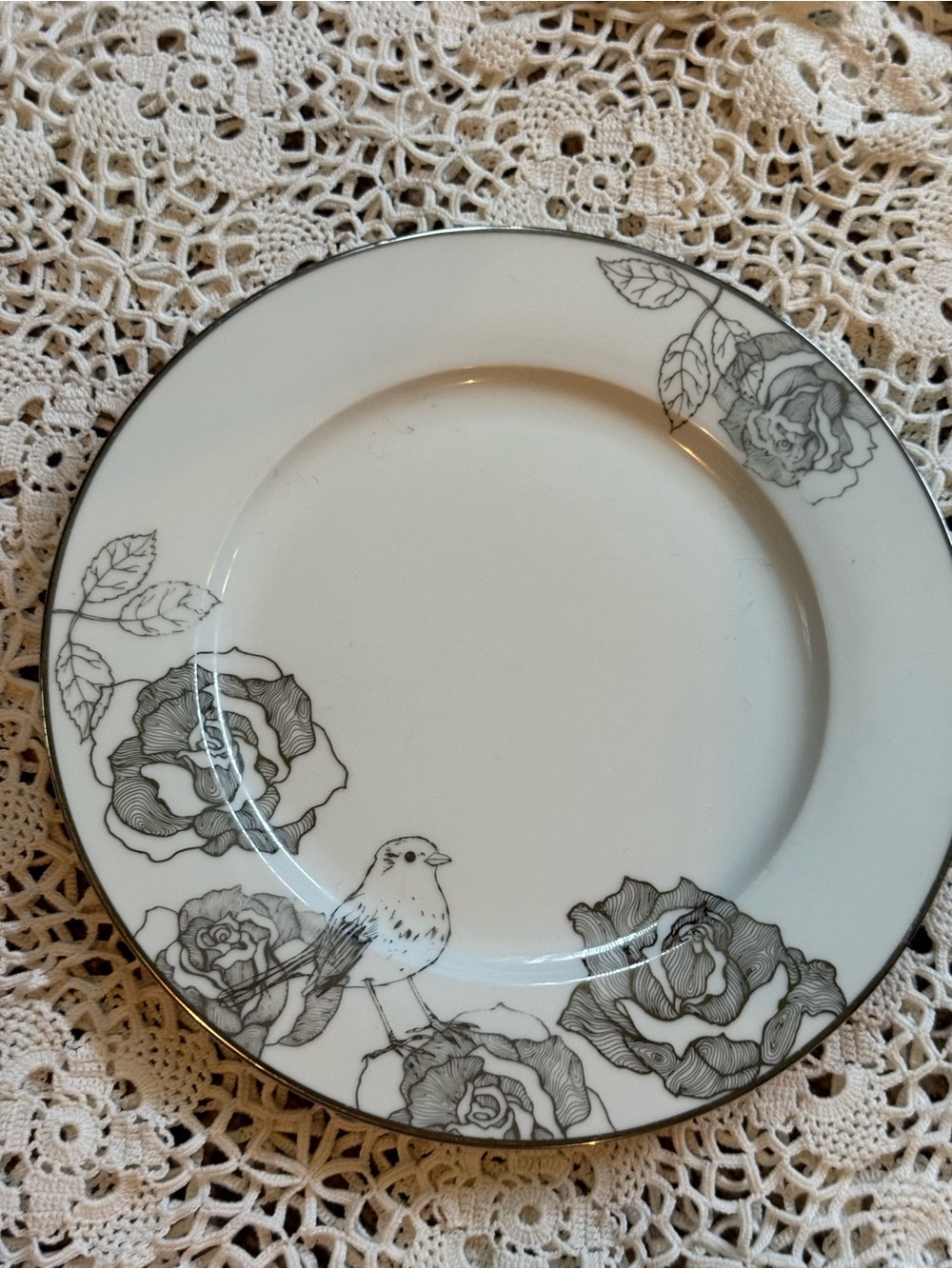Vintage White Dinner Plate with Gray Floral and Bird Design